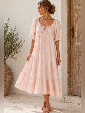 Pale pink tiered farmhouse maxi dress with adjustable ties